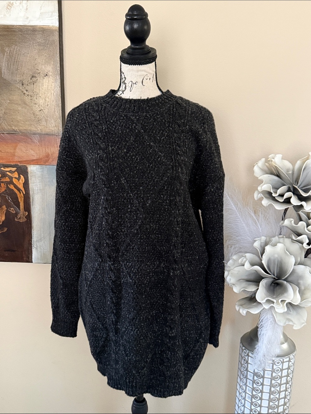 Source Unknown Black Cable Knit Crewneck Sweater dress